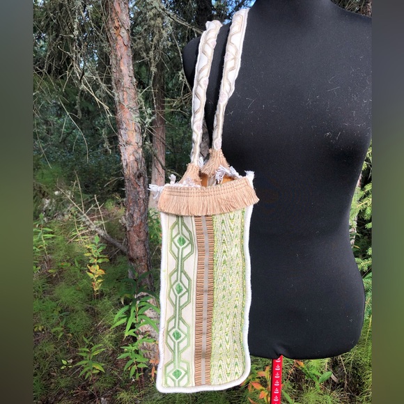 Brown Green Cream Stripe Recycled Carpet Tote Bag Purse Gold Lining Tapestry - Picture 5 of 10